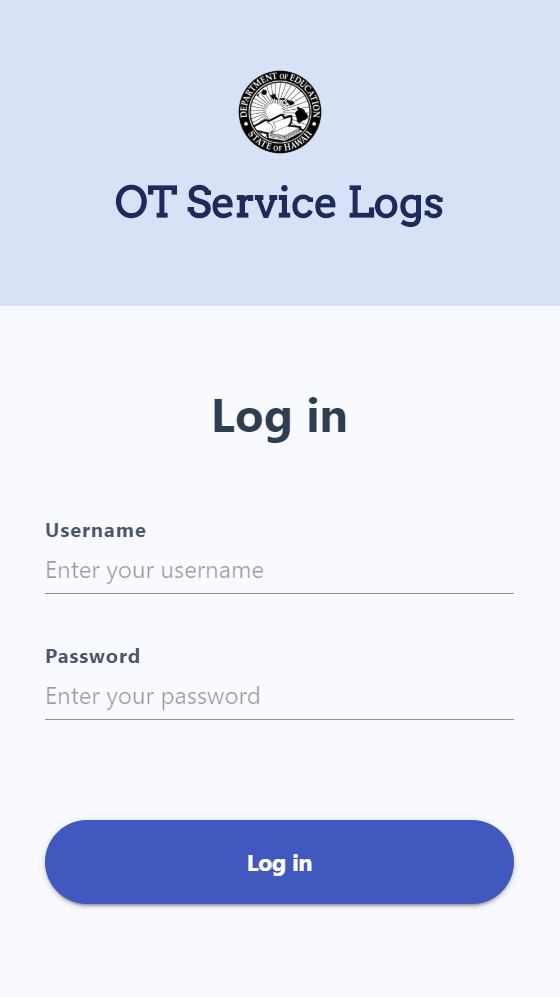 Screenshot of log in screen