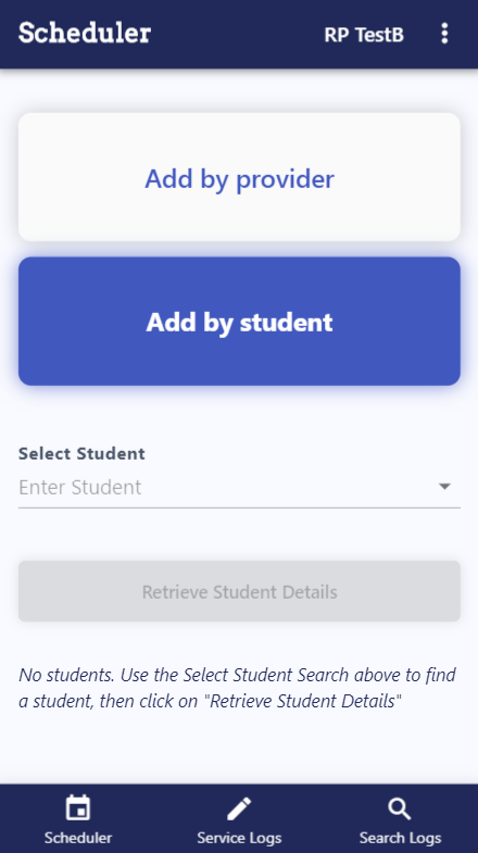 Screenshot of scheduler with add by student selected
