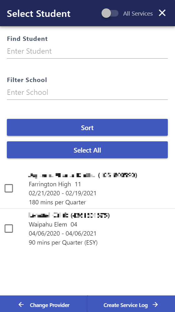 Screenshot of Select Student window